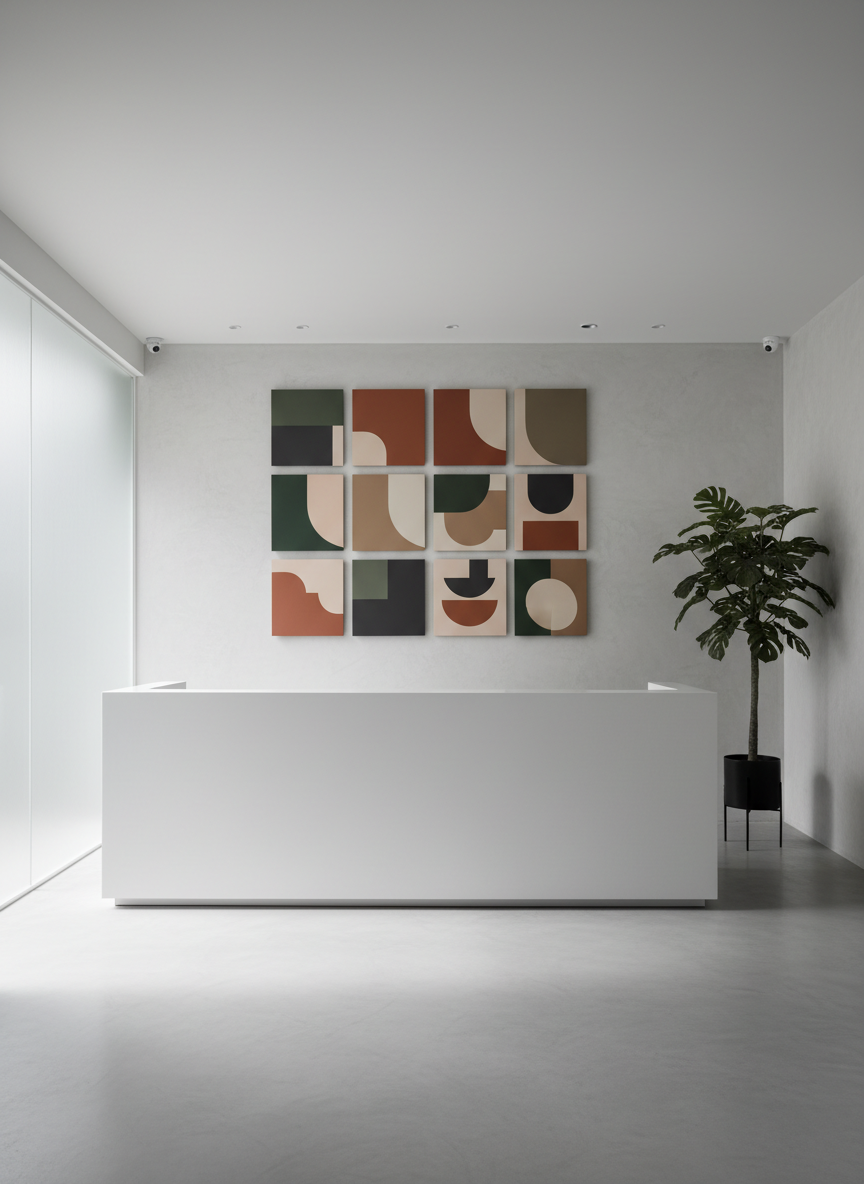 A sleek, minimalist design studio reception space in Tainan, with a long matte-white counter and a wall of curated branding boards showing abstract color blocks and geometric shapes instead of readable logos. The floor is polished light concrete, accented by a single sculptural indoor plant in a black metal planter. Soft daylight enters through a tall, frosted glass facade, creating diffused, even illumination and gentle shadows. Photographic realism at eye level, with a wide-angle composition that captures the whole space in crisp detail. The mood is professional and calm, suggesting a high-end design company that handles advertising, branding, interiors, and renovations without showing any people.